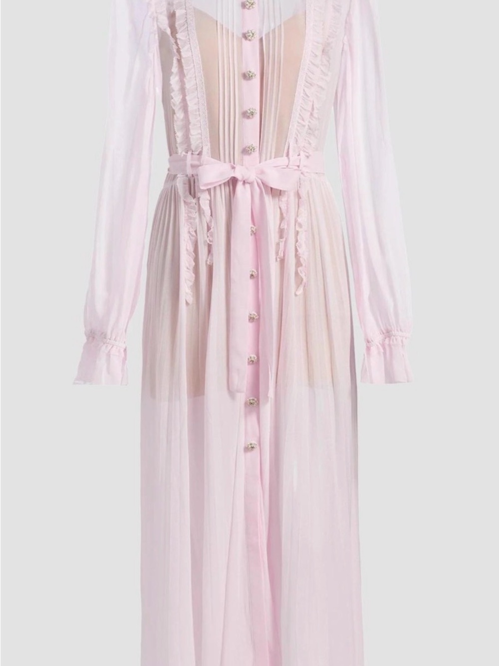 Self-Portrait Sheer Pale Pink Long-Sleeve Button-Front Dress with Waist Sash